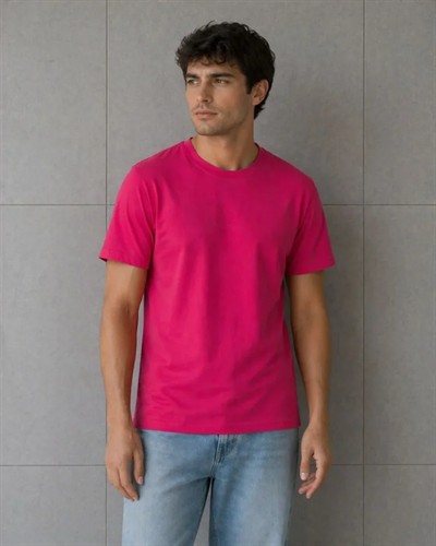 Erkek Basic Pamuklu Tişört Bisiklet Yaka Düz Renk Regular Fit T-Shirt - Fuşya