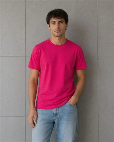 Erkek Basic Pamuklu Tişört Bisiklet Yaka Düz Renk Regular Fit T-Shirt - Fuşya