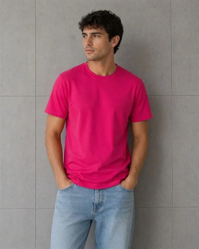 Erkek Basic Pamuklu Tişört Bisiklet Yaka Düz Renk Regular Fit T-Shirt - Fuşya