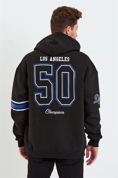 Erkek Baskılı Kapşonlu Üç Iplik Oversize Sweatshirt - Siyah