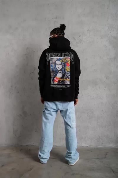 Erkek Baskılı Kapüşonlu Ve Kanguru Cepli Sweat - Siyah