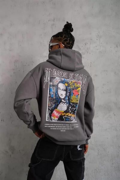 Erkek Baskılı Kapüşonlu Ve Kanguru Cepli Sweat- Gri