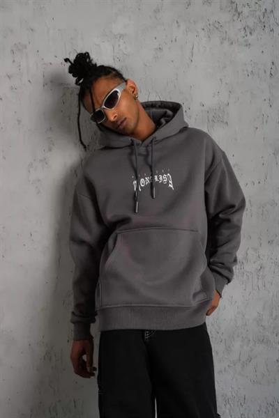 Erkek Baskılı Kapüşonlu Ve Kanguru Cepli Sweat- Gri