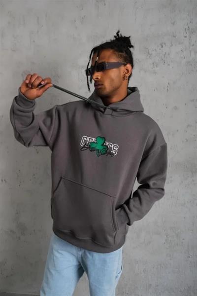 Erkek Baskılı Kapüşonlu Ve Kordon İpli Sweat - Gri