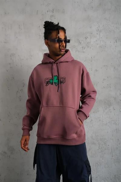 Erkek Baskılı Kapüşonlu Ve Kordon İpli Sweat - Gül Kurusu