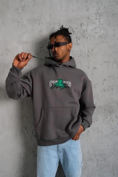 Erkek Baskılı Kapüşonlu Ve Kordon İpli Sweat - Gri