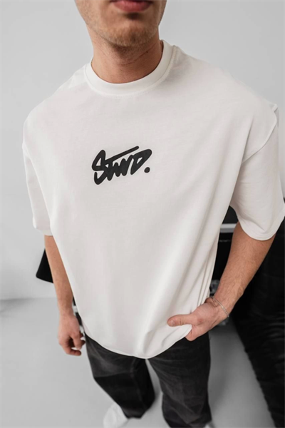Erkek Baskılı Oversize T-shirt - Beyaz