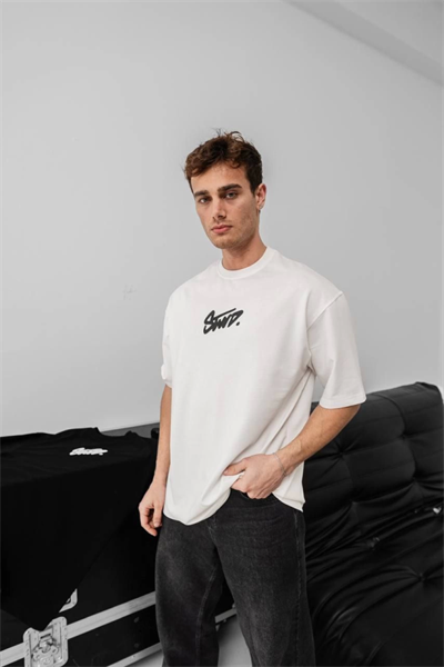 Erkek Baskılı Oversize T-shirt - Beyaz