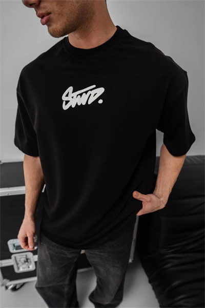 Erkek Baskılı Oversize T-shirt - Siyah