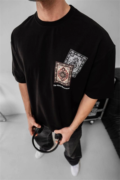 Erkek Baskılı Oversize T-shirt - Siyah
