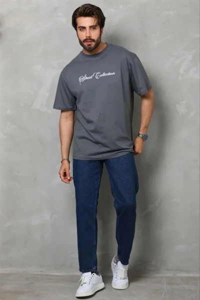 Erkek Baskılı T-Shirt Kısa Kol Bisiklet Yaka Regular Fit Rahat Kalıp Günlük Tişört - Füme