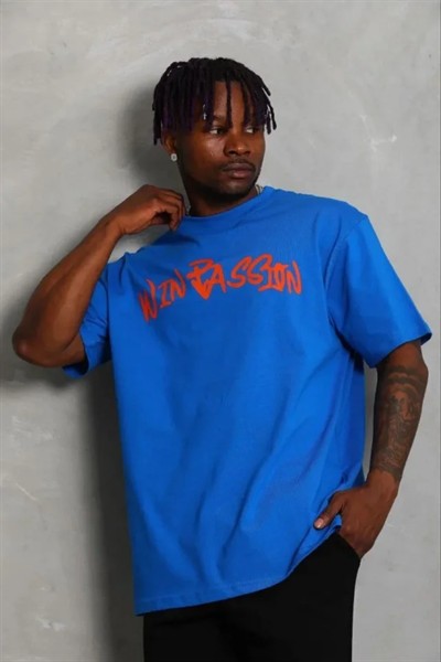 Erkek Baskılı T-Shirt Kısa Kol Bisiklet Yaka Regular Fit Rahat Kalıp Günlük Tişört - Saks Mavisi