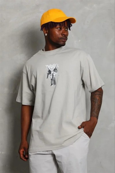 Erkek Baskılı T-Shirt Kısa Kol Bisiklet Yaka Regular Fit Rahat Kalıp Günlük Tişört - Gri