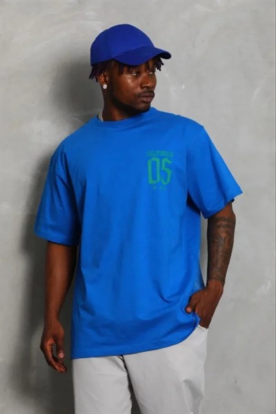 Erkek Baskılı T-Shirt Kısa Kol Bisiklet Yaka Regular Fit Rahat Kalıp Günlük Tişört - Saks Mavisi