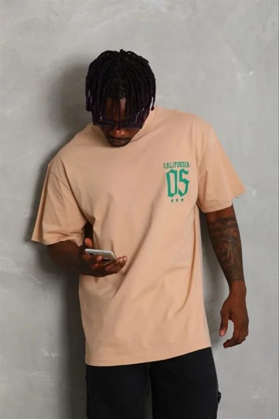 Erkek Baskılı T-Shirt Kısa Kol Bisiklet Yaka Regular Fit Rahat Kalıp Günlük Tişört - Bej