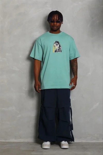 Erkek Baskılı T-Shirt Kısa Kol Bisiklet Yaka Regular Fit Rahat Kalıp Günlük Tişört - Mint Yeşili