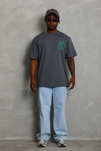 Erkek Baskılı T-Shirt Kısa Kol Bisiklet Yaka Regular Fit Rahat Kalıp Günlük Tişört - Füme