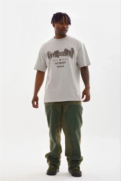 Erkek Baskılı T-Shirt Kısa Kol Bisiklet Yaka Regular Fit Rahat Kalıp Günlük Tişört - Gri