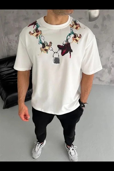 Erkek Baskılı T-Shirt Kısa Kol Bisiklet Yaka Regular Fit Rahat Kalıp Günlük Tişört - Beyaz