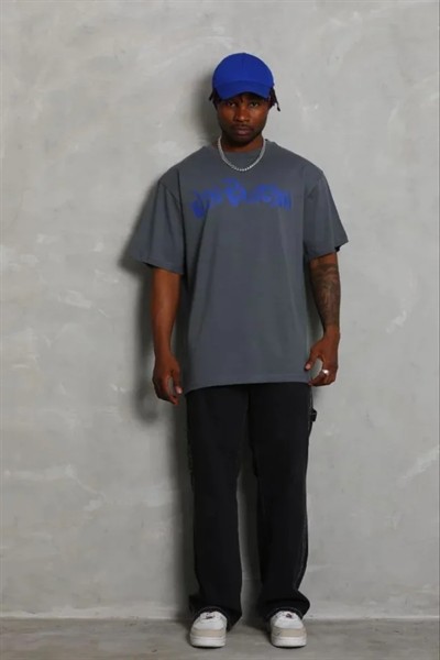 Erkek Baskılı T-Shirt Kısa Kol Bisiklet Yaka Regular Fit Rahat Kalıp Günlük Tişört - Füme