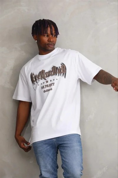 Erkek Baskılı T-Shirt Kısa Kol Bisiklet Yaka Regular Fit Rahat Kalıp Günlük Tişört - Beyaz