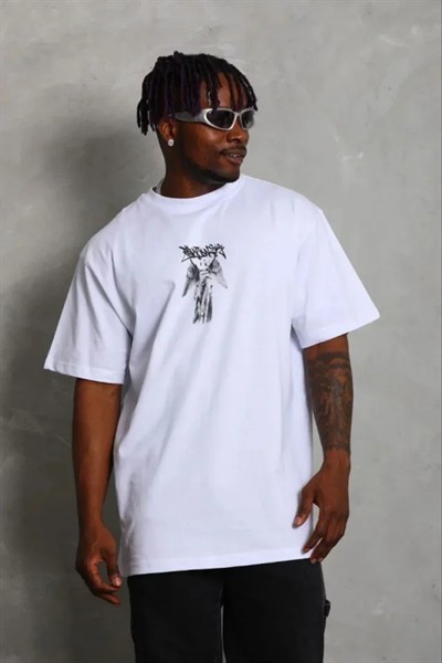 Erkek Baskılı T-Shirt Kısa Kol Bisiklet Yaka Regular Fit Rahat Kalıp Günlük Tişört - Beyaz