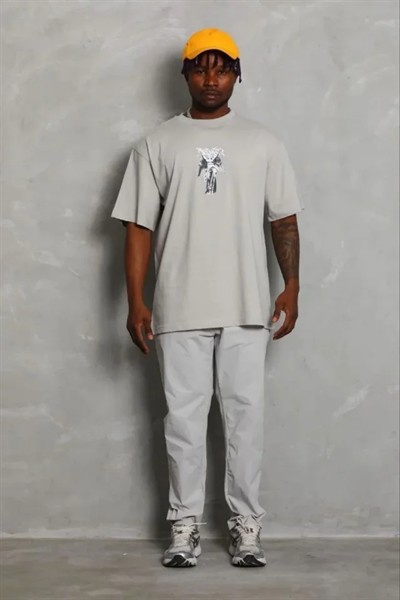 Erkek Baskılı T-Shirt Kısa Kol Bisiklet Yaka Regular Fit Rahat Kalıp Günlük Tişört - Gri