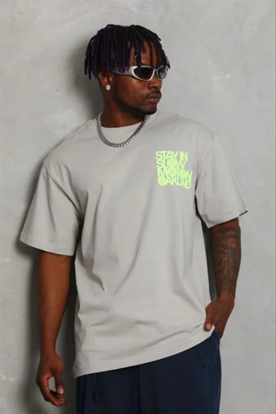 Erkek Baskılı T-Shirt Kısa Kol Bisiklet Yaka Regular Fit Rahat Kalıp Günlük Tişört - Gri