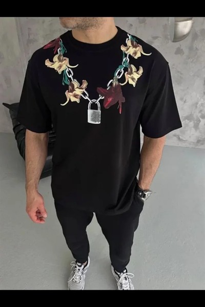 Erkek Baskılı T-Shirt Kısa Kol Bisiklet Yaka Regular Fit Rahat Kalıp Günlük Tişört - Siyah