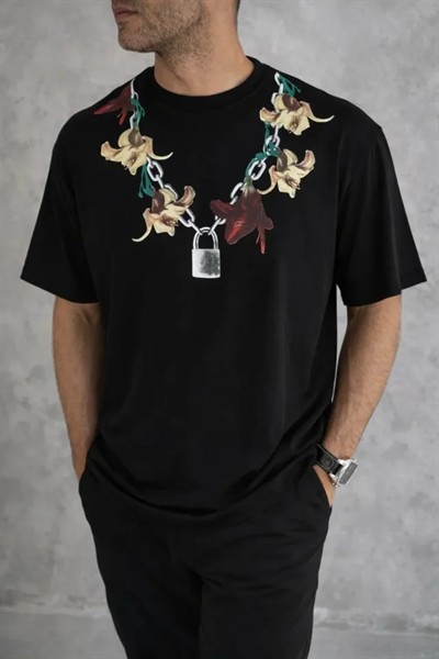 Erkek Baskılı T-Shirt Kısa Kol Bisiklet Yaka Regular Fit Rahat Kalıp Günlük Tişört - Siyah