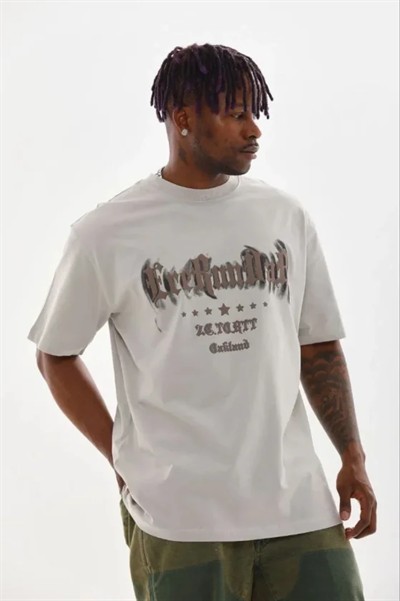 Erkek Baskılı T-Shirt Kısa Kol Bisiklet Yaka Regular Fit Rahat Kalıp Günlük Tişört - Gri