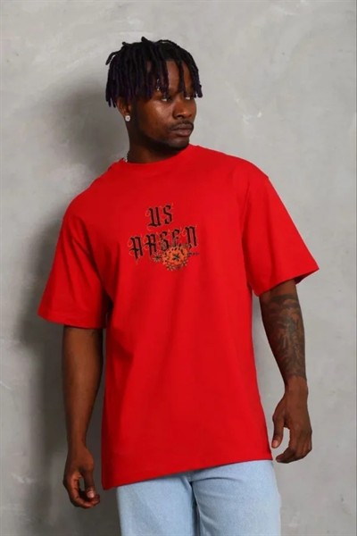 Erkek Baskılı T-Shirt Kısa Kol Bisiklet Yaka Regular Fit Rahat Kalıp Günlük Tişört - Kırmızı