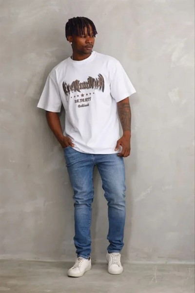 Erkek Baskılı T-Shirt Kısa Kol Bisiklet Yaka Regular Fit Rahat Kalıp Günlük Tişört - Beyaz