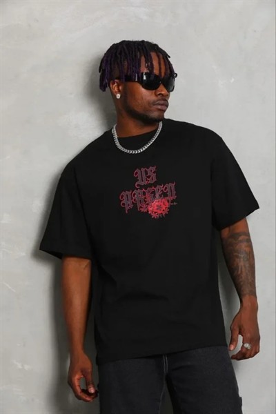 Erkek Baskılı T-Shirt Kısa Kol Bisiklet Yaka Regular Fit Rahat Kalıp Günlük Tişört - Siyah