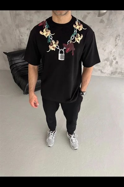 Erkek Baskılı T-Shirt Kısa Kol Bisiklet Yaka Regular Fit Rahat Kalıp Günlük Tişört - Siyah