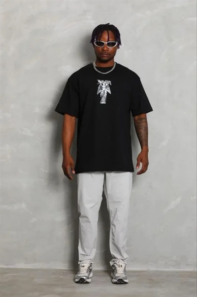 Erkek Baskılı T-Shirt Kısa Kol Bisiklet Yaka Regular Fit Rahat Kalıp Günlük Tişört - Siyah