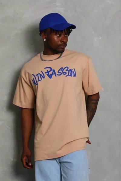 Erkek Baskılı T-Shirt Kısa Kol Bisiklet Yaka Regular Fit Rahat Kalıp Günlük Tişört - Bej