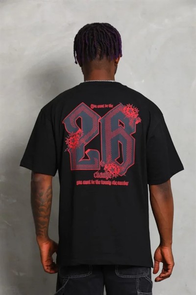 Erkek Baskılı Tişort Kısa Kol Bisiklet Yaka Ovarsize T-Shirt - Siyah