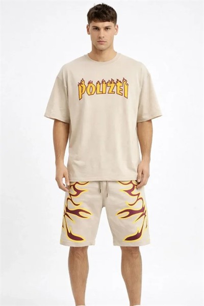 Erkek Bej Oversize Baskılı Tişört Şort Takım Cepli Şort Yazlık Rahat Günlük Kombin - Bej