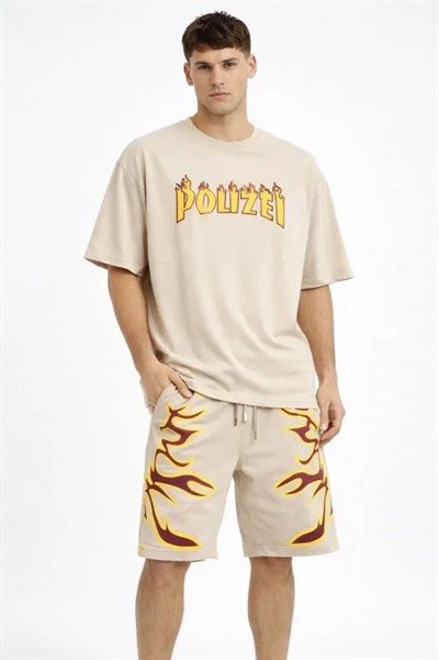 Erkek Bej Oversize Baskılı Tişört Şort Takım Cepli Şort Yazlık Rahat Günlük Kombin - Bej