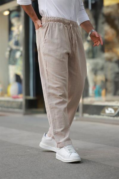 Erkek Beli Lastikli Keten Rahat Pantolon