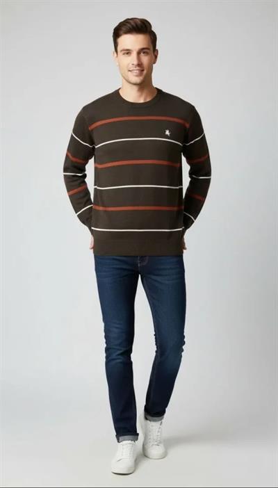 Erkek Bisiklet Yaka Cizgili Triko Kazak Yumuşak Dokulu Pamuklu Ince Dokuma, Uzun Kollu Rahat Regular Kalıp - Koyu Kahverengi