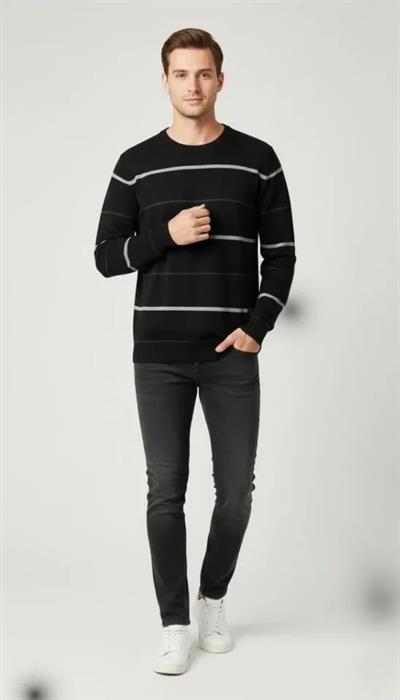 Erkek Bisiklet Yaka Cizgili Triko Kazak Yumuşak Dokulu Pamuklu Ince Dokuma, Uzun Kollu Rahat Regular Kalıp - Siyah