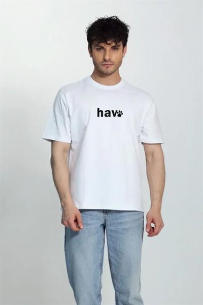 Erkek Bisiklet Yaka Kısa Kol Hav Baskılı T-shirt - Beyaz