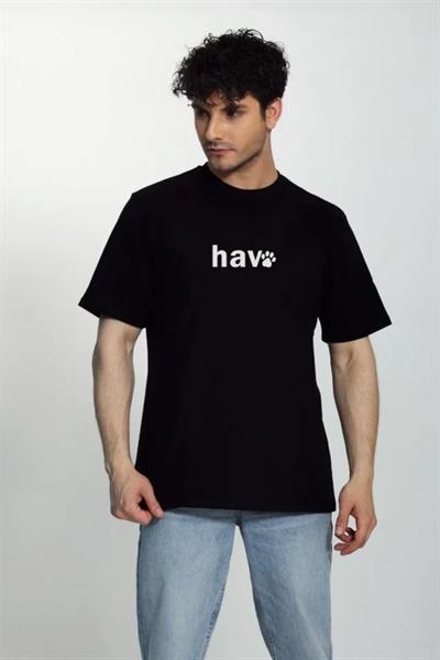 Erkek Bisiklet Yaka Kısa Kol Hav Baskılı T-shirt - Siyah