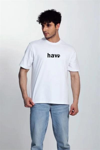 Erkek Bisiklet Yaka Kısa Kol Hav Baskılı T-shirt - Beyaz