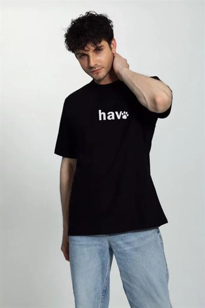 Erkek Bisiklet Yaka Kısa Kol Hav Baskılı T-shirt - Siyah