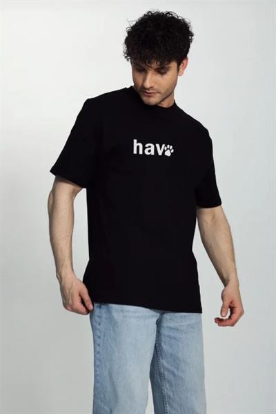 Erkek Bisiklet Yaka Kısa Kol Hav Baskılı T-shirt - Siyah