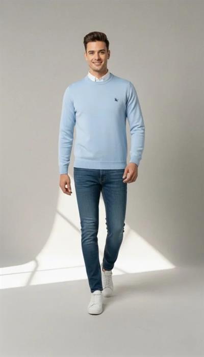 Erkek Bisiklet Yaka Nakış Işlemeli Triko Kazak Yumuşak Dokulu Pamuklu Ince Dokuma, Uzun Kollu Rahat Regular Kalıp - Mavi