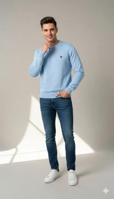 Erkek Bisiklet Yaka Nakış Işlemeli Triko Kazak Yumuşak Dokulu Pamuklu Ince Dokuma, Uzun Kollu Rahat Regular Kalıp - Mavi